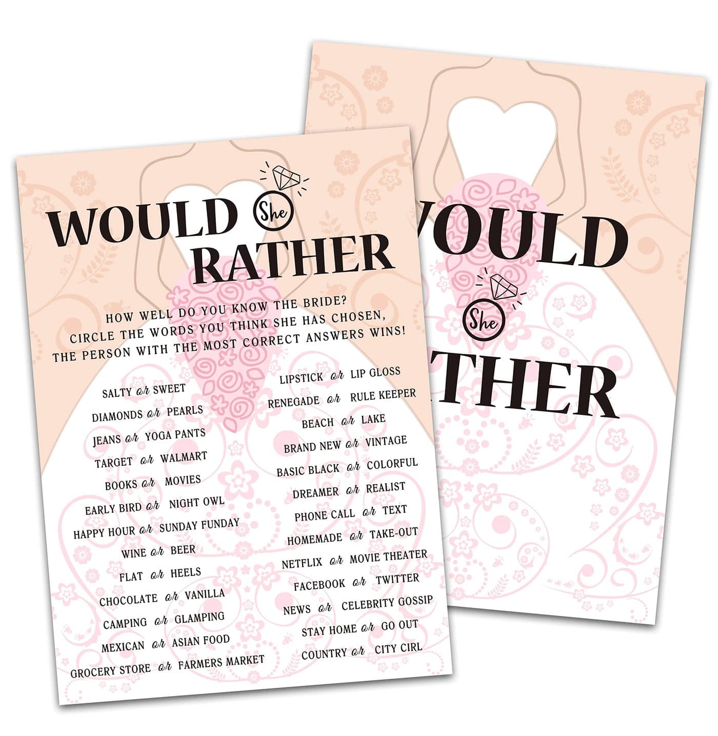 Huastatewolf Bridal Shower Game Cards, Would She Rather Game, Brid with Holding Flowers Pink Engagement Party Cards for Wedding, Set of 30 Cards(Dress003)