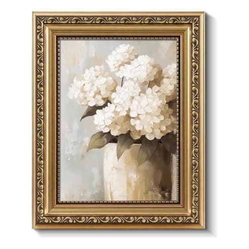ARPEOTCY Vintage Gold Framed Wall Art Decor, 8x10 Inch Retro White Hydrangeas Prints, Farmhouse Floral Wall Art for Living Room Bedroom, Botanical Bathroom Decor Aesthetic