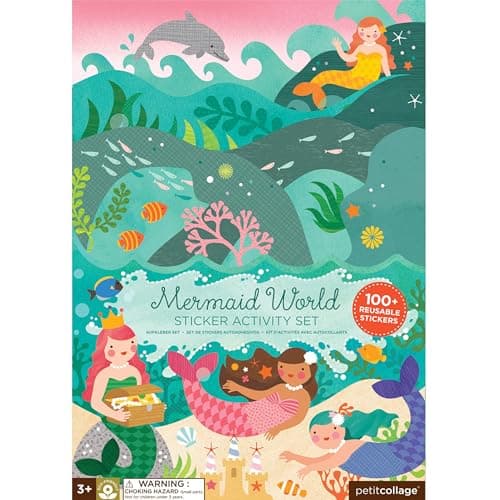 Petit Collage Sticker Activity Book Mermaid World Giant Fold Out Sticker Book for Kids Measures 34 x 12 Fully Opened Includes Over 100 Reusable Stickers Activity Toys for Ages 3