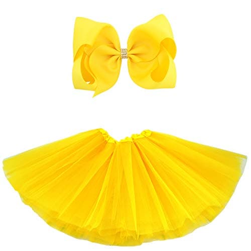 BGFKS 5 Layered Tulle Tutu Skirt for Girls with Hairbow, Ballet Dressing Up Kid Tutu Skirt (Yellow, 8-15 Years Old)