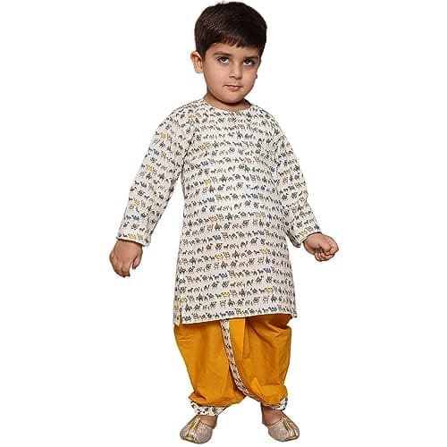 AJ DEZINES Kids Pure Cotton Full Sleeve Animal Printed Yellow Dhoti Kurta Set for Boys - Ethnic Wear | Traditional | Festival Wear for boys - Regular Fit