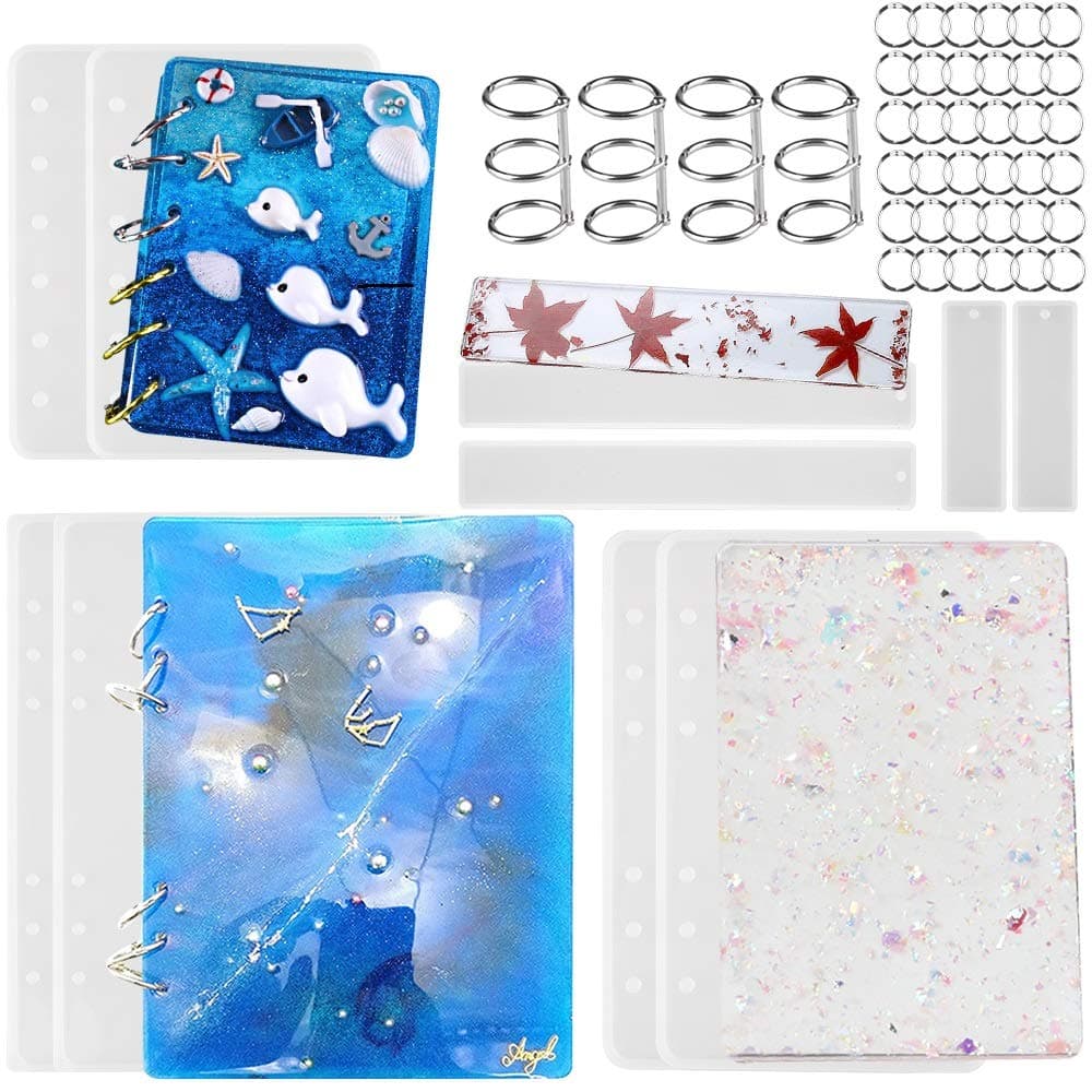 Tomorotec 2 Sets of Note Book Cover Resin Molds Clear Casting Epoxy Resin Molds for A6 A5 A7 with 40 Book Rings and 2 Bookmarks