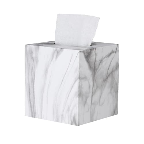 HOUSE DIARY Metal Square Tissue Box lid, Modern Facial Tissue Holder for Bathroom Vanity Tops, Bedroom Dressers, Nightstands, Desks, Offices (Marble White)