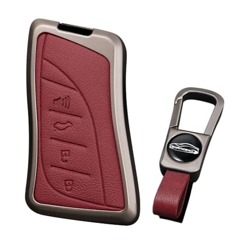 KUNIO Leather Metal Car Key Fob Cover Case Fit for Lexus ES LS LC RX NX LX TX GX Series RX350 ES350 ES300h 2025 LC500h GX460 2024 Key Holder Key Fob Shell Accessories 4 Button Red-Short Keychain