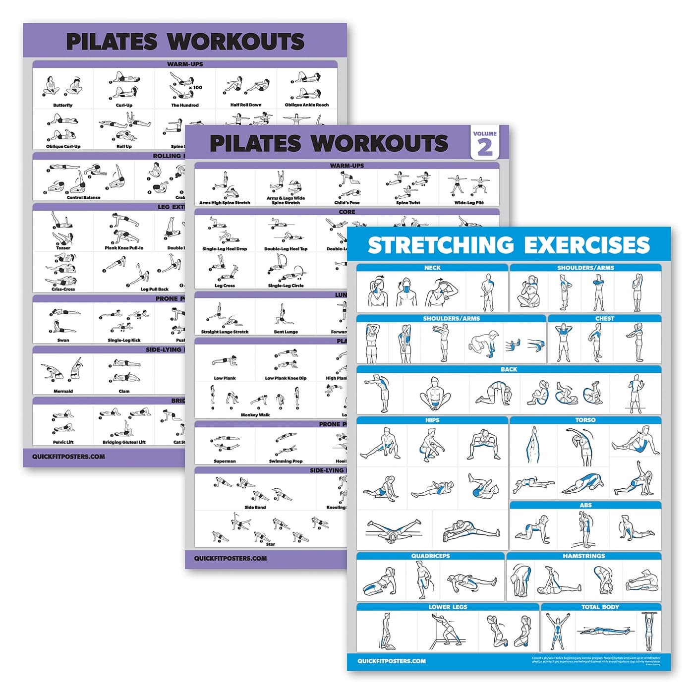 3 Pack - Pilates Workout Poster Set Volume 1 & 2 + Stretching Routine - Pilates Mat Work Exercises - Fitness Charts (18 x 24, LAMINATED)