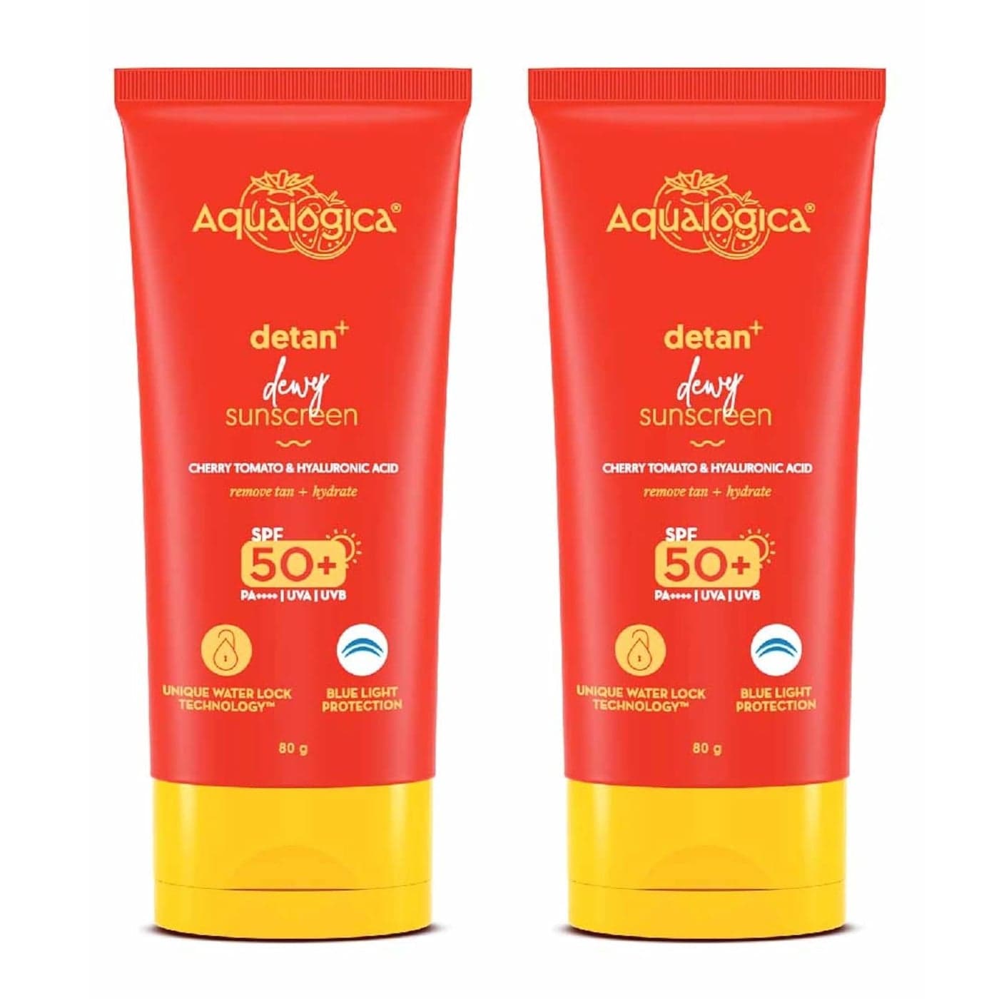 Aqualogica Detan Dewy Sunscreen with Cherry Tomato Hyaluronic Acid with SPF 50 PA for Men Women For Normal Dry Combination Skin 80g Pack of 2