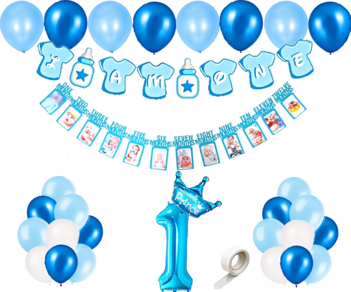 FI - FLICK IN Latex 35 Pcs First Birthday Decorations Boy I Am One Banner for Boys Prince Crown Foil Balloon Set (Pack of 35, Blue)