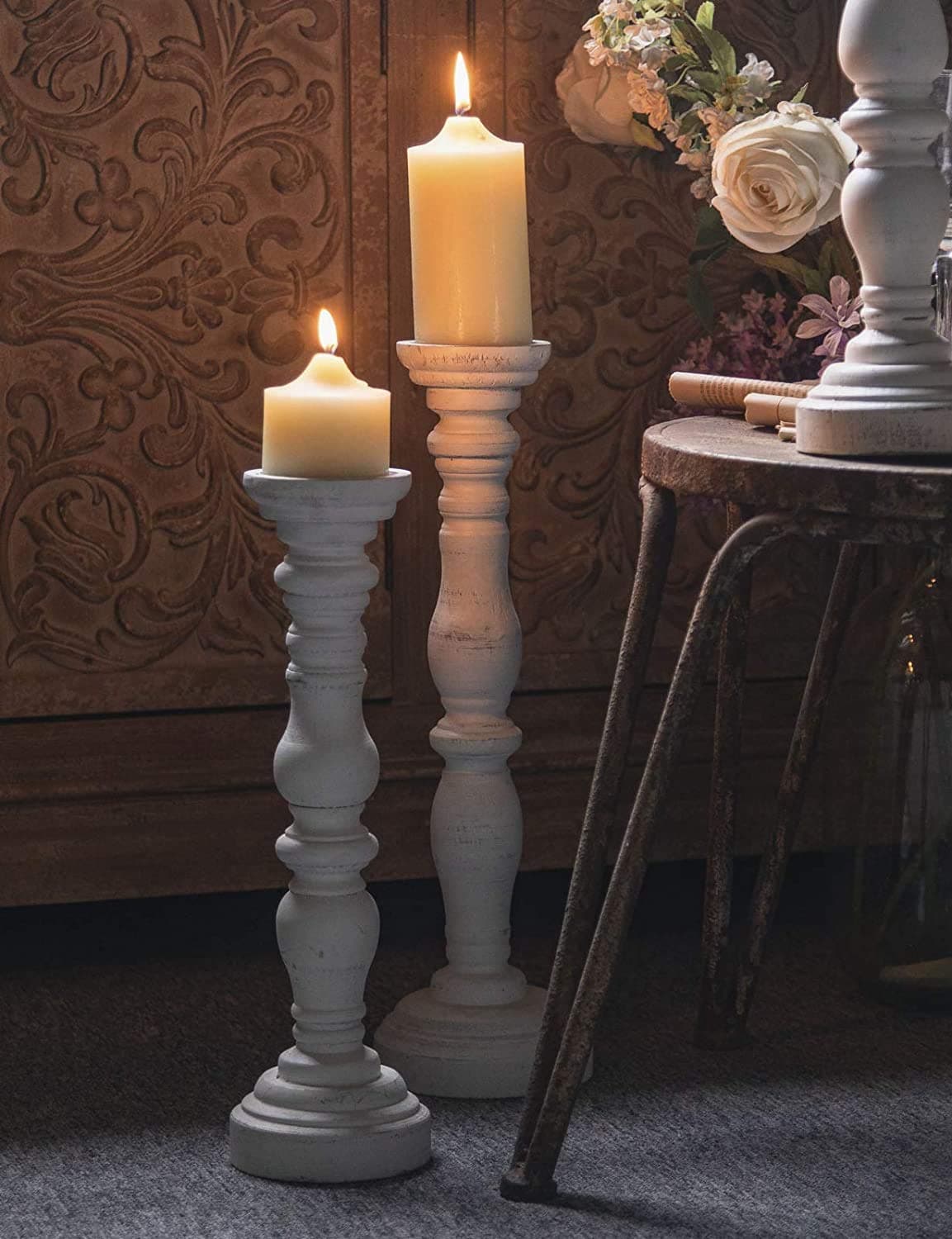 White Rustic Candle Holders for Pillar Candles18Inch Vintage Wooden Candle Holders PillarCandle Holders for CandlesticksFarmhouse Style Accent DecorGift for Home 1Piece 55 x 55 x 183