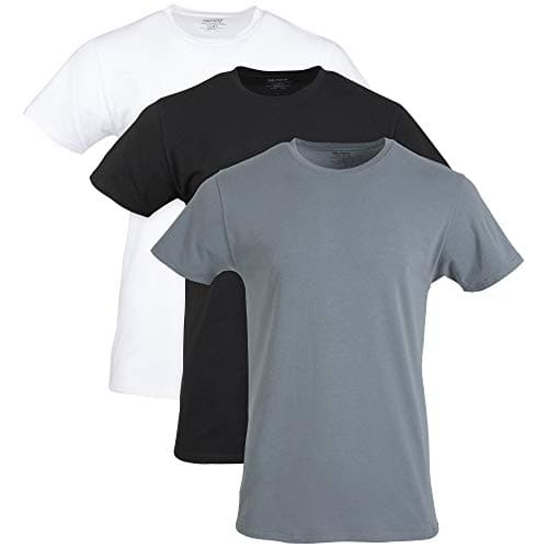 Gildan Men's Cotton Stretch T-Shirts, Multipack, White/Black Soot/Grey Flannel (Crew 3-Pack), Small