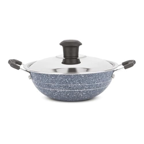 Orange Granico Series Non-Stick Mini kadai/Hopper pan with Stainless Steel Lid, Aluminium 2.6mm Thickness | Free Nylon Spatula & Scrubber | 175mm, 1 Lit Capacity | Gas Stove Friendly | 1Year Warranty