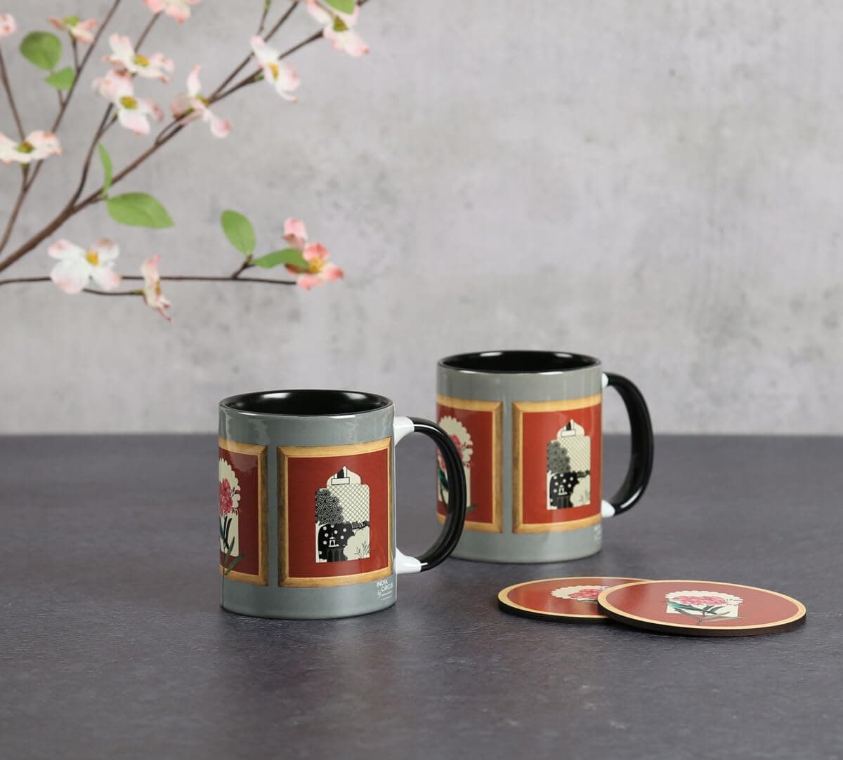 India Circus by Krsnaa Mehta Fluttering Blooms Ceramic Mugs Coasters Coffee Mug Design Tea Cups Set Microwave and Dishwasher Safe to Gift to Best Friends 325 ml Combo Set of 4