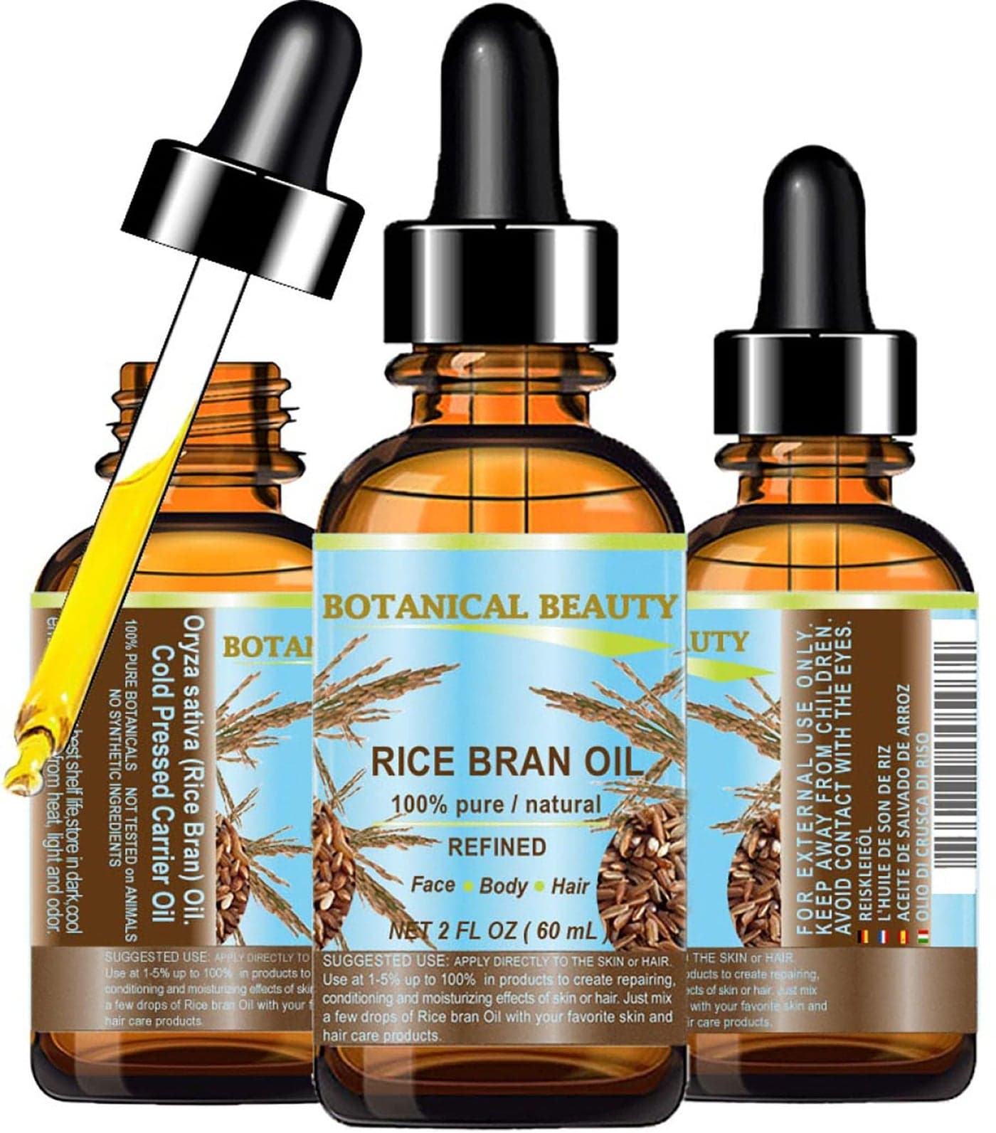 Botanical Beauty RICE BRAN OIL 100 Pure Natural Refined Undiluted Cold Pressed Carrier Oil for Face Skin Body Hair Massage Nails 2 Fl oz 60 ml