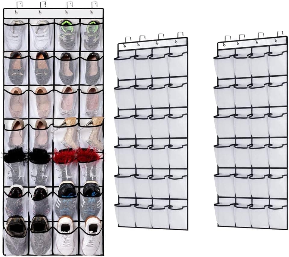 2 Pack Over The Door Shoe Organizer with 24 Durable Mesh Pockets - Space-Saving Hanging Shoe Storage for Bedroom, Pantry, Dorm, White