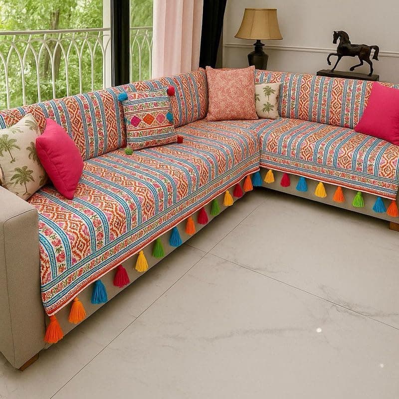 Sunburst Tassels Designer Sofa Cover With Tassel for L Shaped Sofa Set, Machine Washable: Sofa Seat Cover -Set of 2 Seat Covers- L Shape Sectional (3 Seater + 2 Seater Lounger)| Tassel Sofa Throw