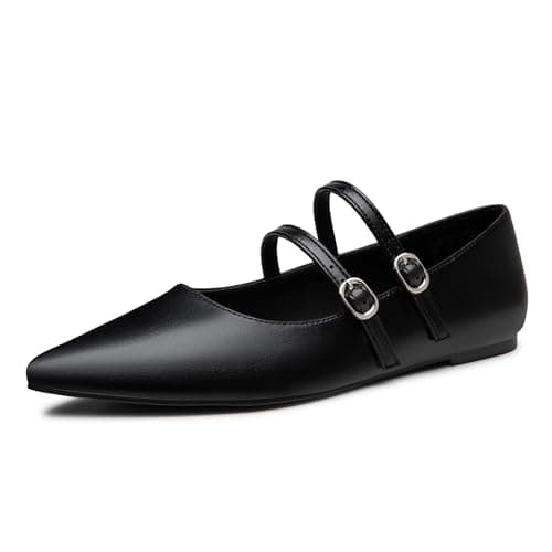 Trary Black Flats for Women, Mary Jane Shoes Women Closed Pointed Toe Ballet Flats Dressy Comfortable Slip on Shoes Leather Mary Janes Size 6