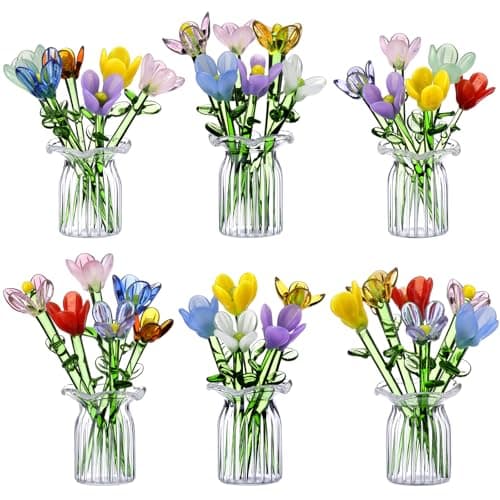 FoldTier 42 Pcs Mini Glass Flower Decoration Hand Blown Glass Flower Figurines Collectible Ornaments with Vase for Mothers Day Birthday Table Centerpiece Garden DIY Craft(Tulip)