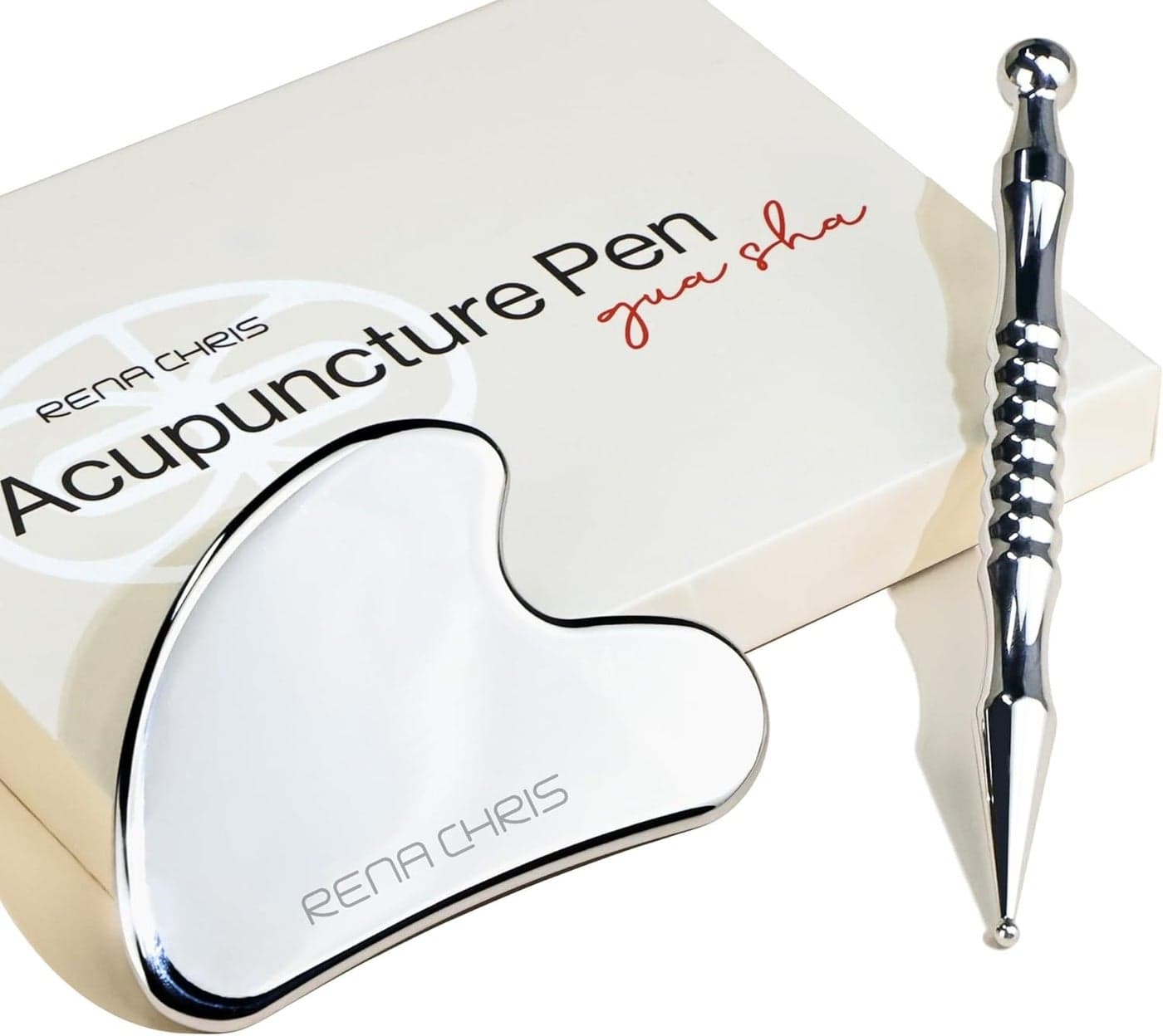 Rena Chris Stainless Steel Gua Sha and Acupuncture Pen, Manual Reflexology Tools for Muscle Tension and Pain Relief, Acupressure Pen and Gua Sha Set with Reflexology Chart, Easy to Use