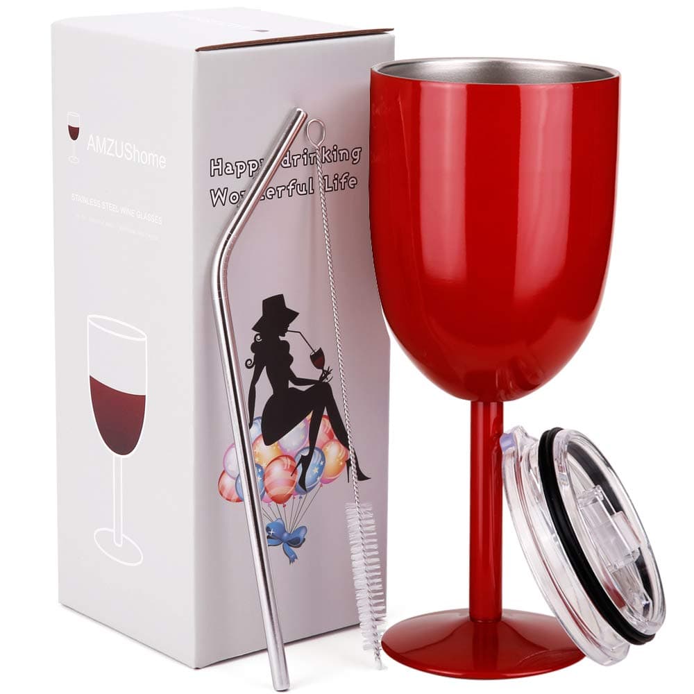 AMZUShome Stainless Steel Wine Glasses CupsDouble Walled Vacuum Insulated Wine Tumbler With Lid and StrawFriendshipChristmasBirthday Gifts for Women Men Friends Dad Mom10oz Red
