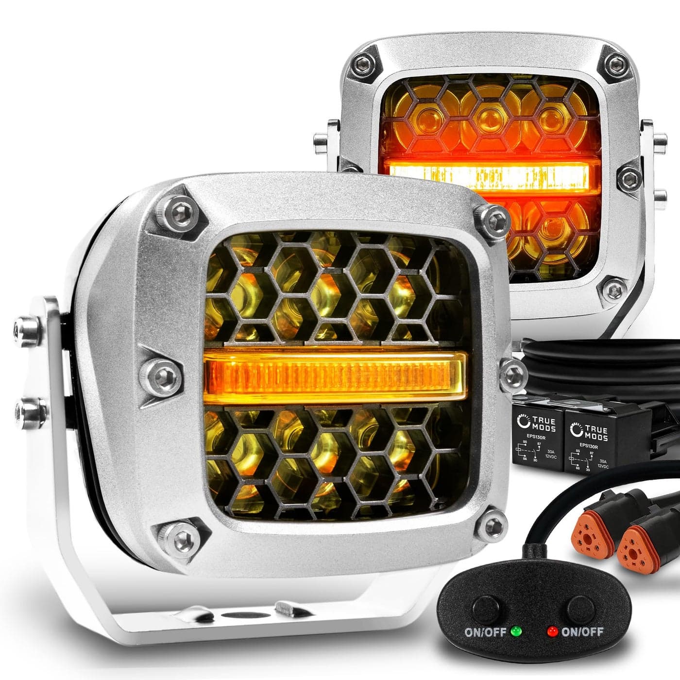 TRUE MODS 3 120W Amber LED Pods Offroad Driving Light Cube Pair Set Yellow Turn Signal Marker Light OffRoad Lights for UTV ATV Jeep Wrangler SxS 4x4 Truck PickUp Auto Car Vehicle Chrome