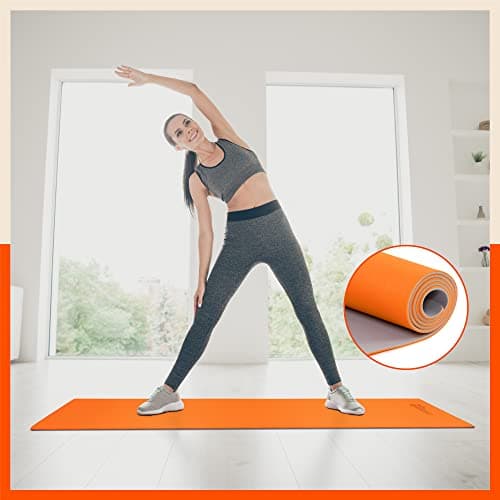 Matworks by Bathla – Moksh Premium Yoga Mat with Carry Bag |Anti-Slip & Reversible|Orange & Grey (Size: 24” x 72” Thickness: 6mm)