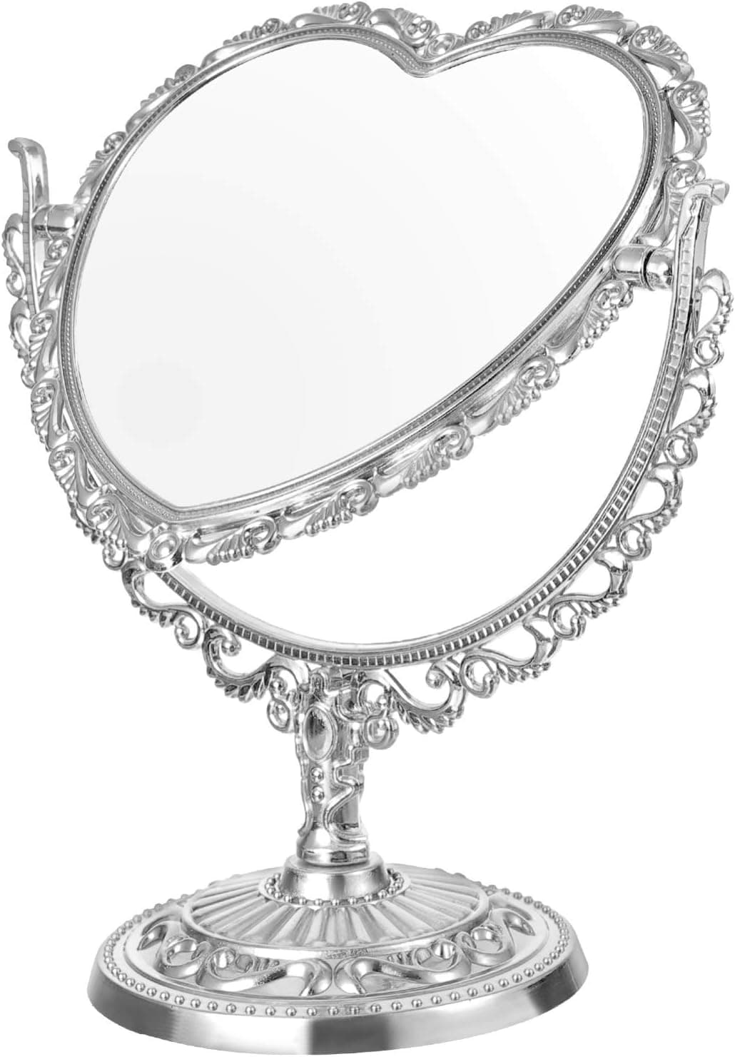Heart Vanity Mirror Two Sided Swivel Tabletop Makeup Mirror European Love Double Face Princess Mirror for Desk Dresser Beauty Use Silver