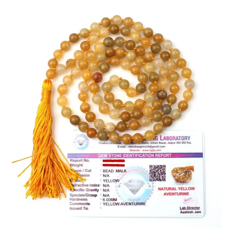 Remedywala Yellow Aventurine Mala 108 Beads (6MM) with Yellow Tassel | Natural Crystal Jaap Mala for Meditation, Pooja & Chanting | Luck, Confidence & Prosperity Necklace (Unisex)
