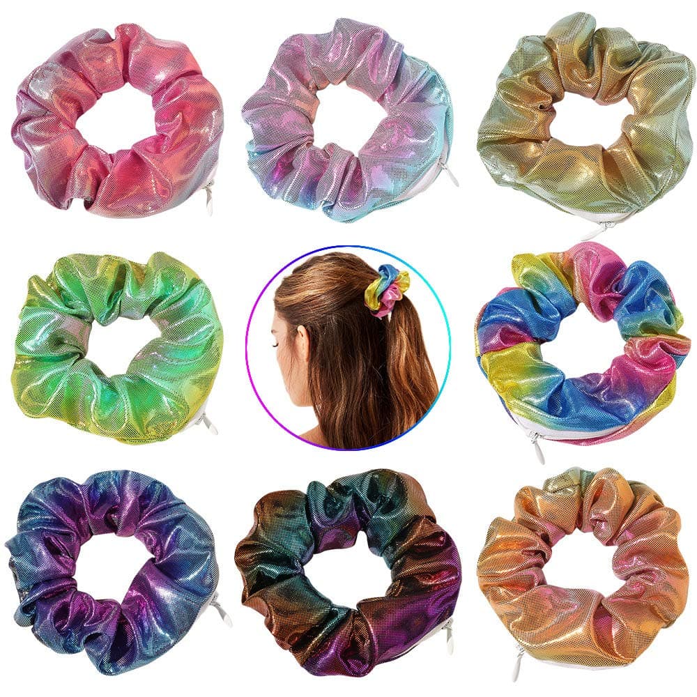 DINPREY Women's Shiny Metallic Scrunchies with Zipper Pouch, 8 Pieces Tie Dye Scrunchies for Girls, Hidden Pocket Scrunchies, Soft Stash Hair Elastic Ties for Vsco Girl Stuff