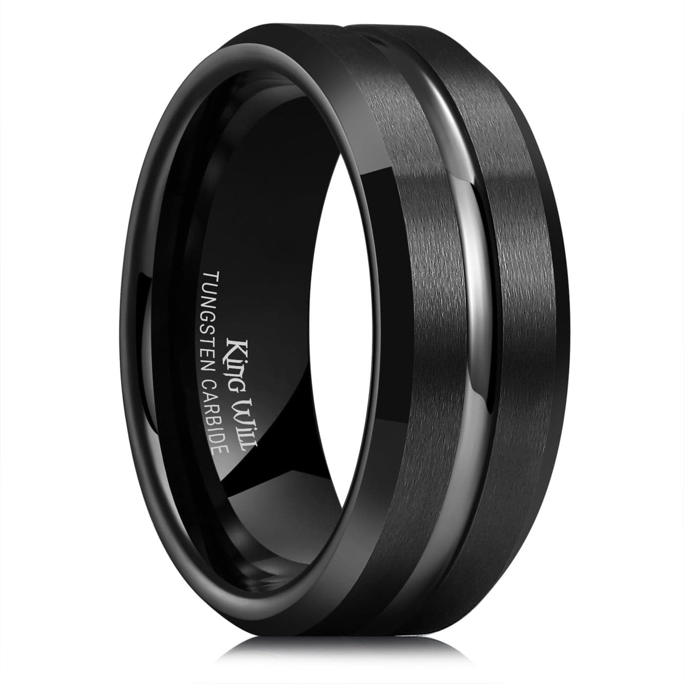 King Will Classic 8mm Black Tungsten Carbide Wedding Band Ring Polished Finish Grooved Center Comfort Fit (10.5)
