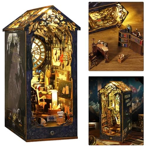 ISSEVE DIY Book Nook Kit 3D Wooden Puzzle DIY Miniature House Kit for Booknook Shelf Insert Decoration Magic Book House Stand Bookshelf Dollhouse for Adults with Sensor Light Detective Agency