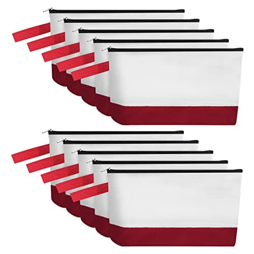 Sinzip 10 Pieces Cotton Canvas Makeup Bag with Bottom and Strap MultiPurpose Cosmetic Bag with Zipper Travel Toiletry Pouch Blank DIY Craft Bag WhiteRed S