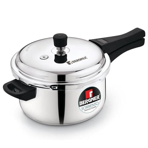 Bergner Sorrento Stainless Steel 5 Litres Outer Lid Pressure Cooker, Pressure Cooker with Heavy Bottom, Easy Open and Close Lid, Healthy Cooking, Easy to Clean - Induction Bottom and Gas Stove Ready