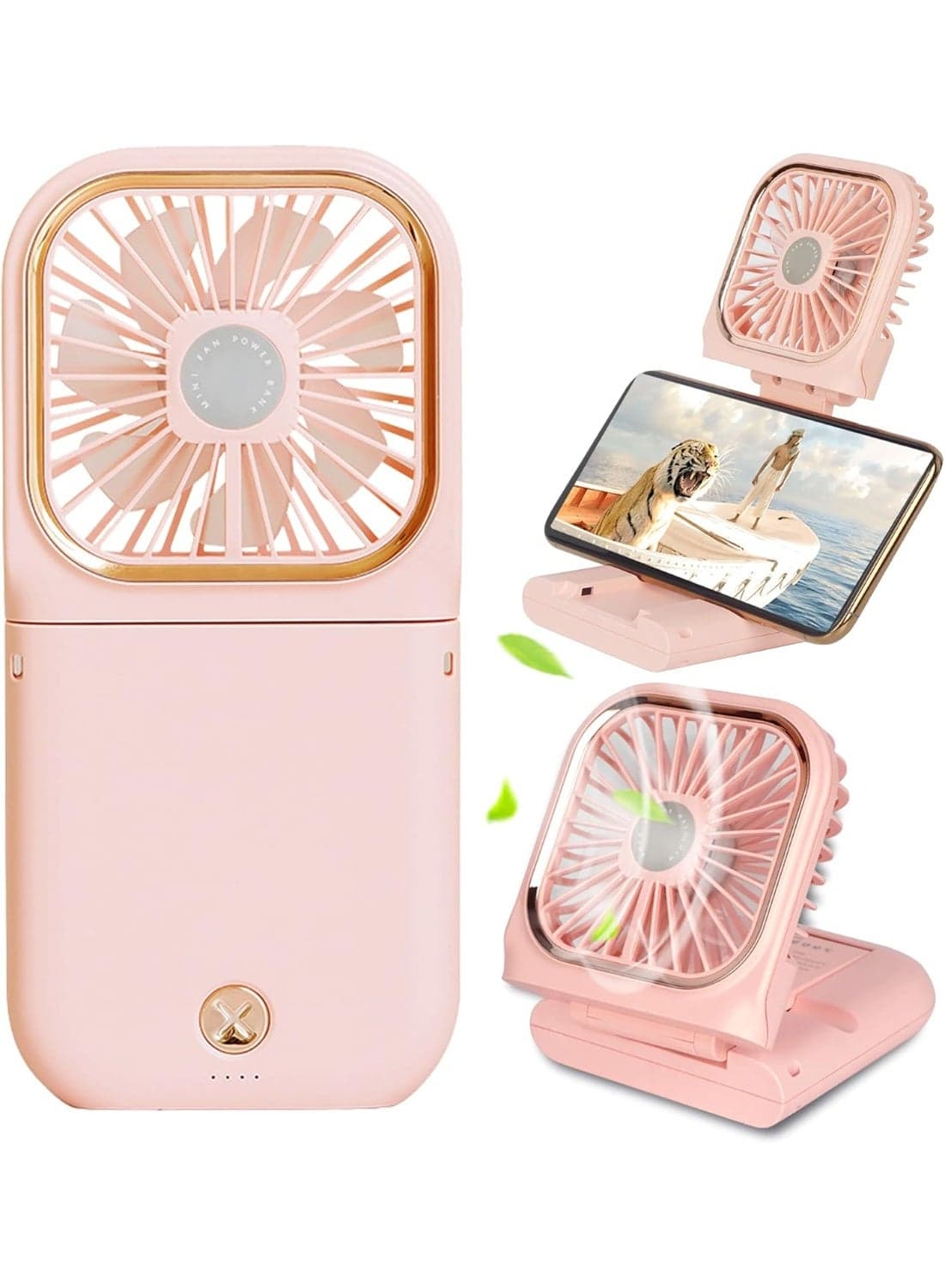 Handheld Fan,Portable Mini Fan with Power Bank, 3000mAh USB Rechargeable,Quiet Desk Fan with Cell Phone Stand,Foldable 3 Speeds/Strong Airflow 12 Working Hours neck Fan