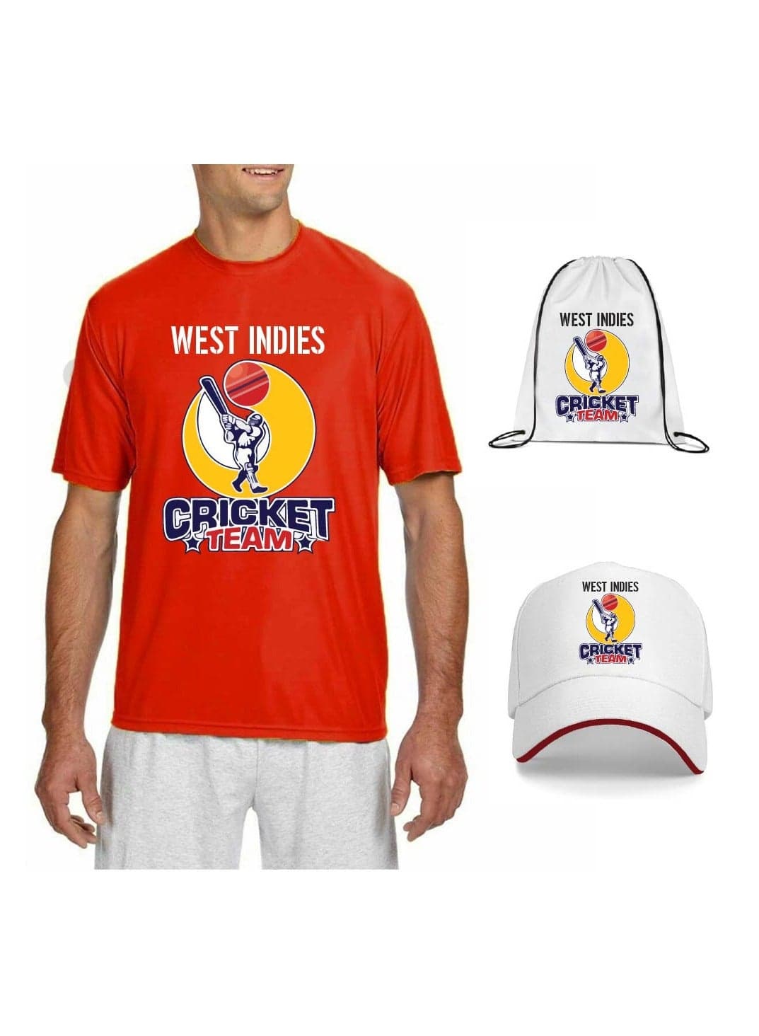 West Indies Unisex Sports Jersey T-Shirt Set - West Indies Sports Fan Jersey T-Shirt for Adults - T-Shirt,Scarf,Cap - T-Shirt,Drawstring Bag,Cap - Gift Set for Sports Events, Matches