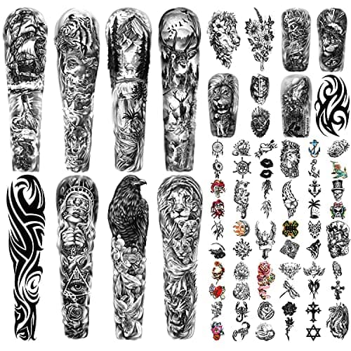 Full Arm Sleeve Temporary Tattoos for Men Women, 46 Sheets Temporary Tattoos for Adults and Kids, Fake Tattoos Realistic with Lion, Wolf, Eagle, Deer, Flower, Clock, Skeleton for Halloween Party