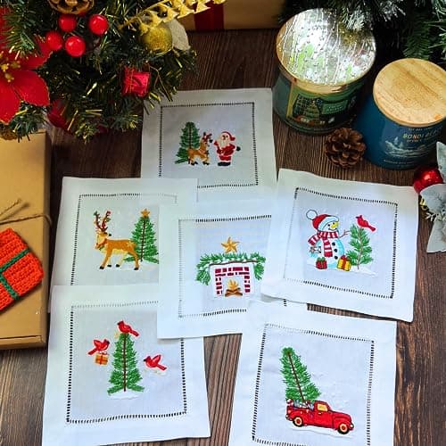 HCRAFT Embroidered 6x6 White Cocktail Napkins Coasters Set of 6 Christmas Cocktail Napkins for Parties Ladder Hemstitch Present Ideas