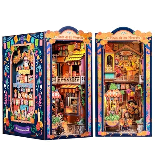 CUTEBEE Book Nook Kit Mexican Fiesta DIY Miniature Dollhouse Vibrant LED Bookshelf Decor Alley Model for Adults Teens Gifts for Family and FriendsPlaza de Los Muertos