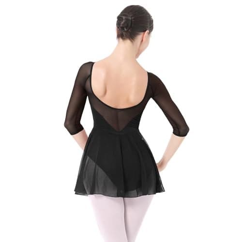 IBAKOM Ballet Leotards Dress for Women 34 Mesh Sleeve V Neck Scoop Back Gymnastics Leotard Plus Size Ballerina Outfits Adult Dance Leotard Competitive Camisole Bodysuit Dance Skirt Black S