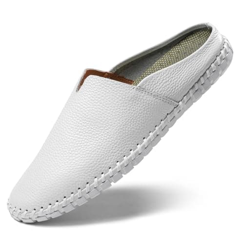 LUODENGLANG Men’s Slip-On Loafers Mules Clog Handmade Leather Slippers Hand Stitched no-Heel Casual Shoes for Men Breathable Comfortable Soft White 39 M 7