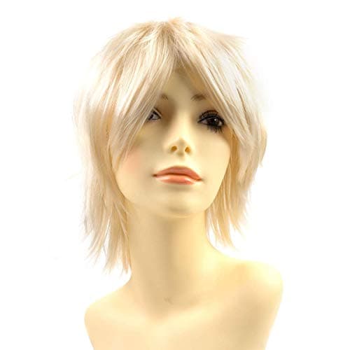 Modernfairy Anime Halloween Wig Platinum Blonde for Cosplay Party Synthetic Layered Short Hair Wigs with Bangs Pastel Wigs for Women Men