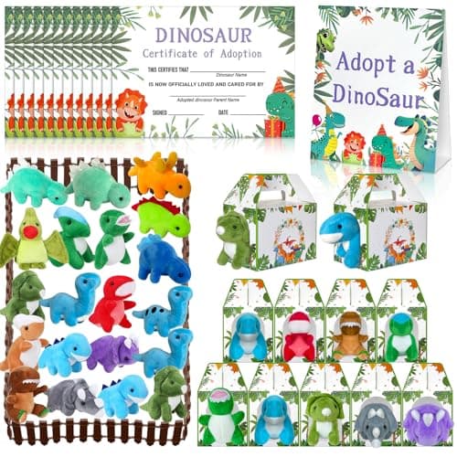 Gaiaring 63 Pcs Adopt a Dinosaur Pet Party Favors Include 20 Mini Dinosaur Stuffed Animals 20 Foldable Boxes 20 Cards 1 Adopt Sign 1 Fence for Adopt a Pet Party 63Pcs Dinosaur