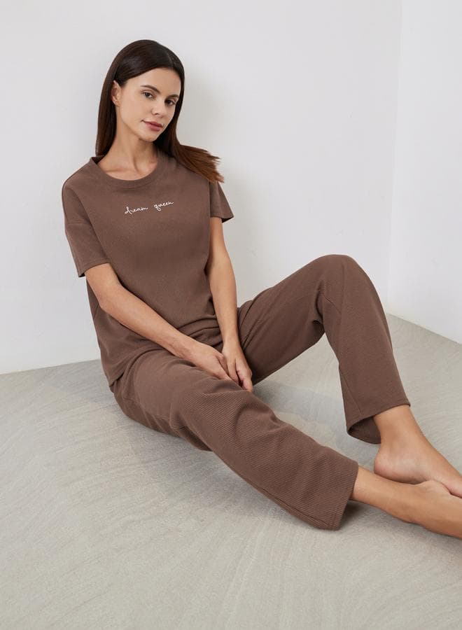 Styli Brown Ribbed T-Shirt and Long Pyjama Set