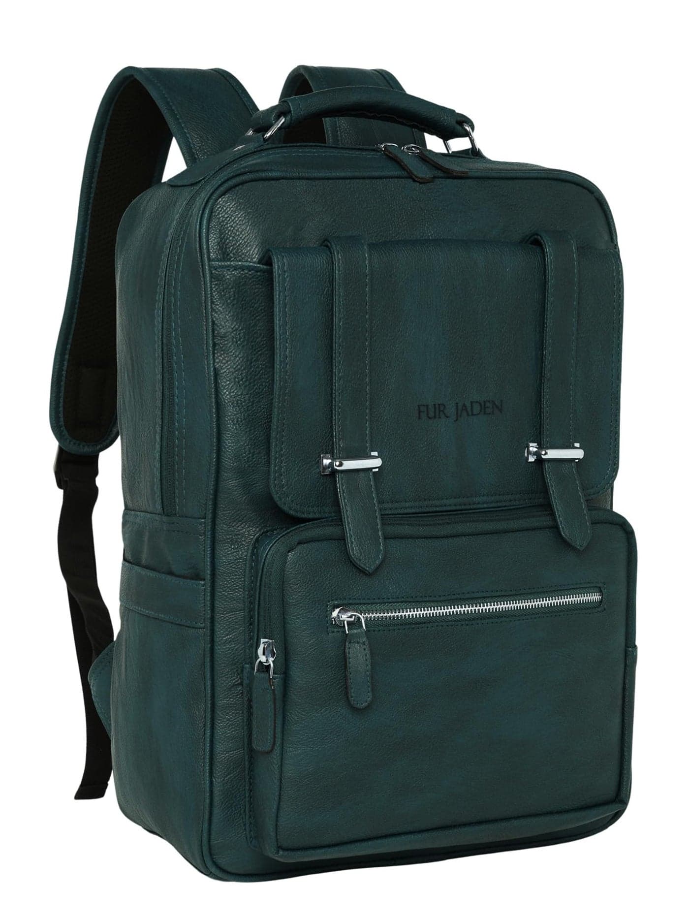 FUR JADEN Vegan Leather Stylish 15.6 Inch 5 Compartment Laptop Backpack Travel Weekender Bag For Unisex (Green)