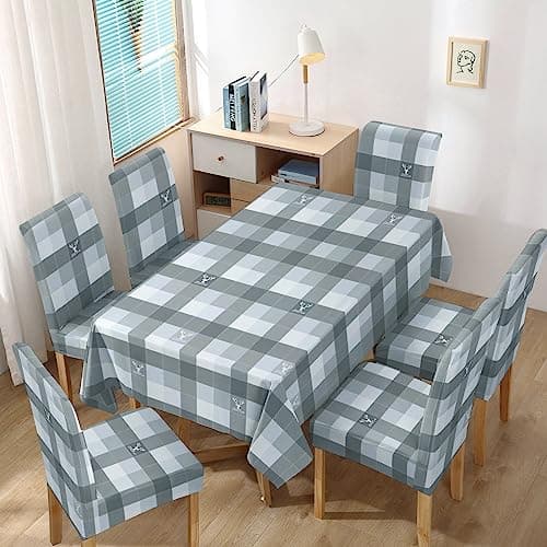 HOKIPO Rectangular Polyester Elastic Dining Chair Covers Set of 4 With Matching Tablecloth, Checks Grey (AR-5359-D12)