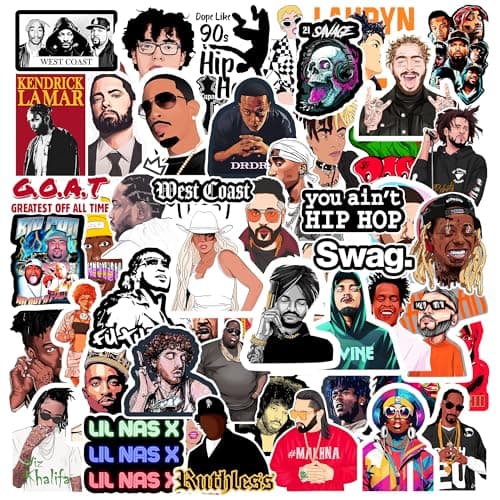 Trueflair Music Singers Pack of 54 Vinyl Laptop Stickers, Random Designs, for Laptop, Journal, Bike Helmet, Diary, Guitar, Mobile, Waterproof, Self-Adhesive (Hip hop Singers)