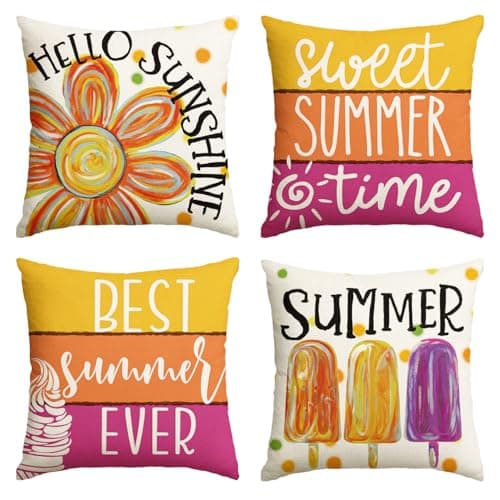AVOIN colorlife Hello Sunshine Floral Sweet Summer Time Throw Pillow Covers 18 x 18 Inch Popsicle Ice Cream Polka Dots Stripes Best Summer Ever Holiday Seasonal Cushion Case Decorations Set of 4