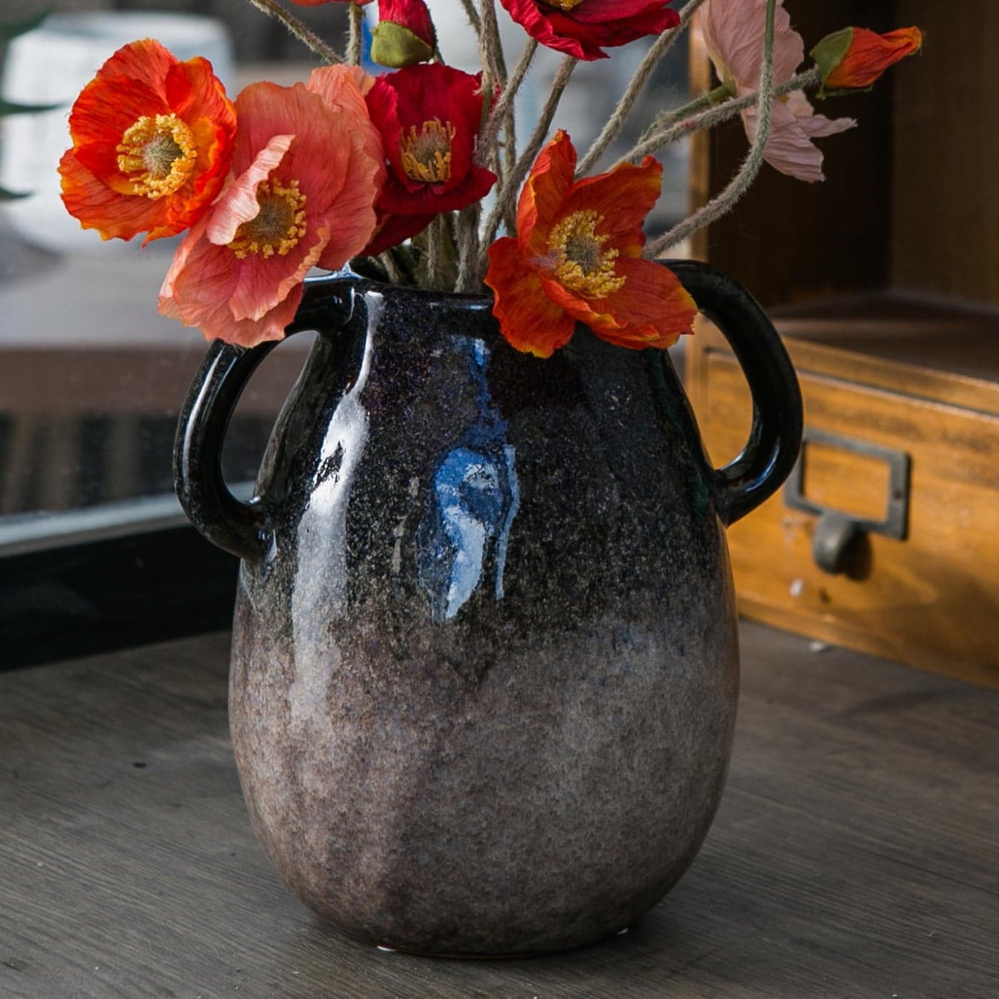 Tanvecle Blue Gradient Ceramic Vase with 2 Handles Modern Farmhouse Decor Rustic Terracotta Pottery Decorative Clay Flower Vase Centerpiece for Dining Table 7 Inch