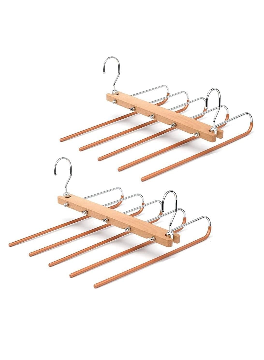 MahMir Magic Pants Hangers Space Saving Closet Hangers 5 Layers Multi Functional Pants Rack Solid Metal & Wood Heavy Duty Wardrobe Organizer Racks for Clothes Trousers Scarves Ties 2Pack Natural