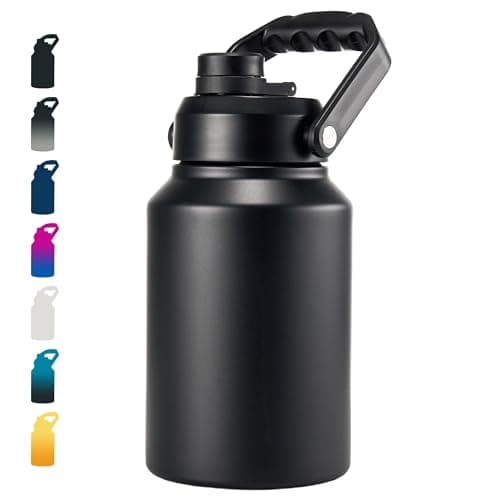 Fijinhom Insulated Half Gallon Jug, Large 64oz Stainless Steel Insulated Water Bottles with Handle, Double-Wall Vacuum Insulation for Construction Sites, Camping and Hiking, Black
