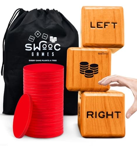 SWOOC Games Giant Right Center Left Dice Game All Weather with 24 Large Chips Carry Bag Jumbo Wooden Lawn Game Big Backyard Games for Family IndoorOutdoor Left Right Center Dice Set