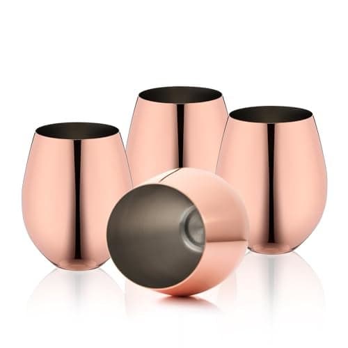 WOTOR Rose Gold Wine Glasses Set of 4, 18oz Copper Wine Glasses, Stemless Stainless Steel Wine Glasses, Unbreakable Metal Wine Glass for Outdoor, Travel, Camping, Ideal Wine Accessories Gift